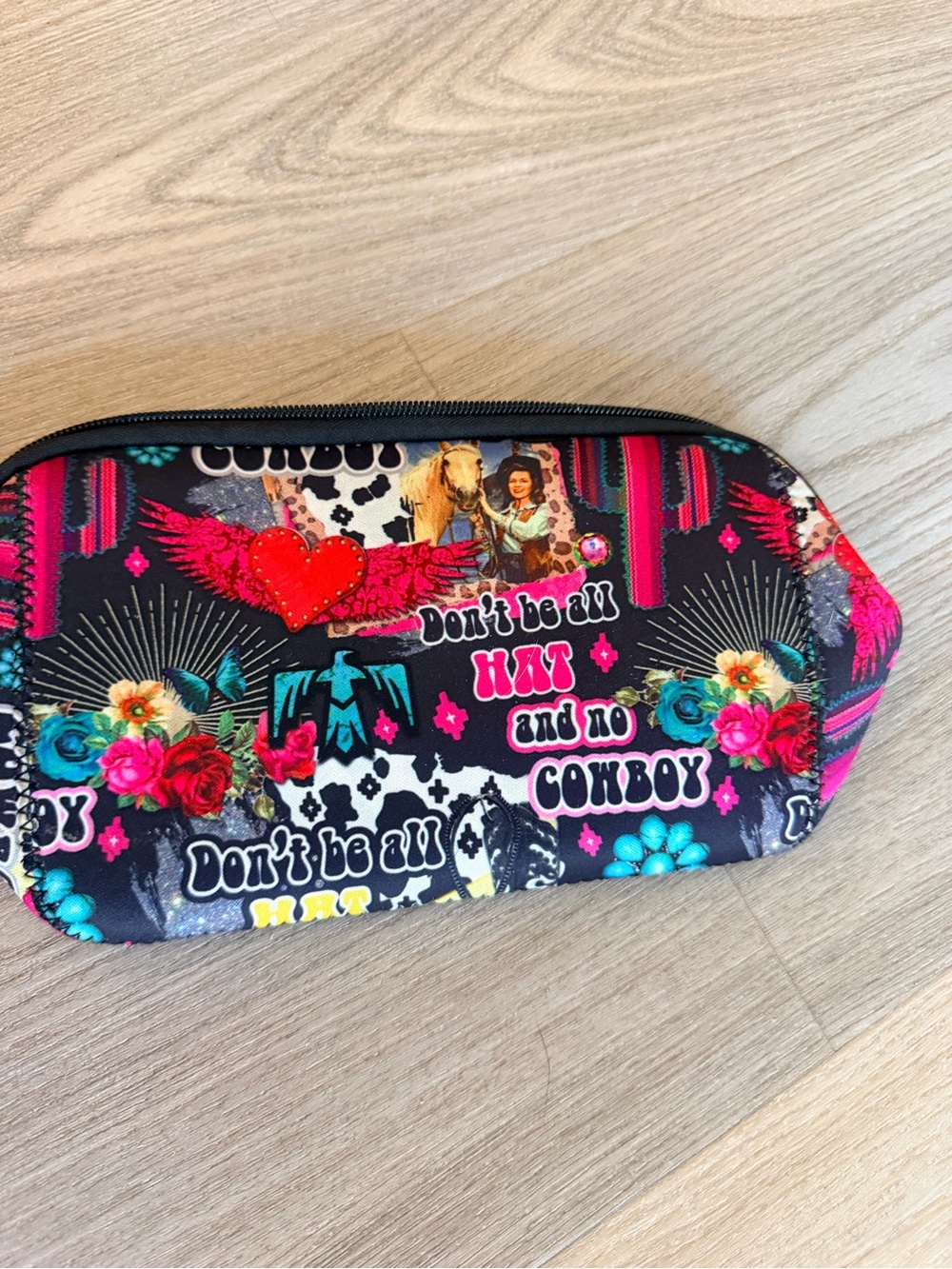 Western Graphic Zip Cosmetic Pouch - Black & Pink